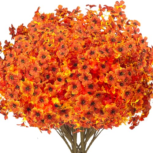 Grunyia 16 Bundles Artificial Fall Flowers for Outdoors Fake Plants UV Resistant Plastic Plants Shrubs Bushes for Home Fall Front Door Porch Garden Autumn Decor (Fall Orange) - color: Fall Orange