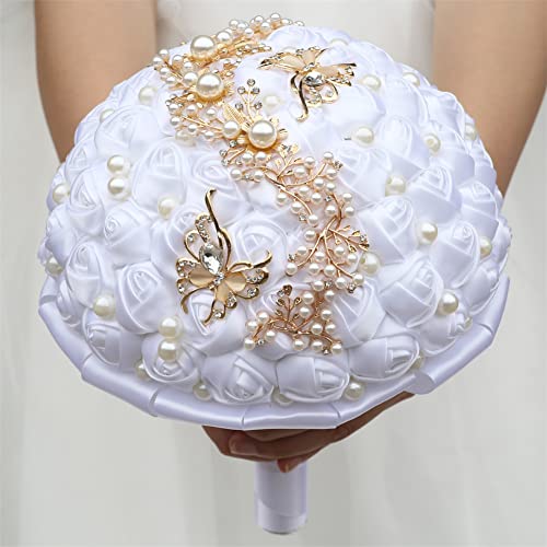 Sharebeauty 5.9 Inch Handmade Satin Rose Bridal Bouquet Toss Round Wedding Bouquet Throw Toss Artificial Flower Bunch White - color: W322g11 White, size: 5.9 inches / 15 cm