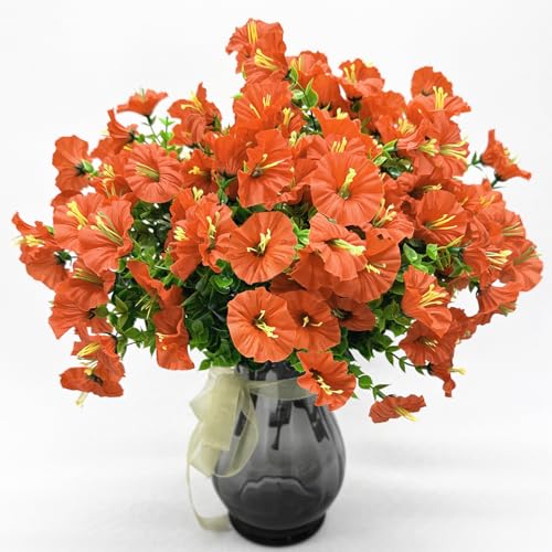 Artificial Flowers for Outdoor Spring Summer Decoration Fake Plastic Flower Plant, Faux Colorful Silk Morning Glory Eucalyptus Greenery Shrubs for Outside Garden Porch Front Door Decor Orange 8 Pack - color: Morning Glory - Orange - 8 Pack