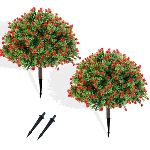 Artificial Topiary Rose Set of 2, Boxwood Ball with Ground Spike | Low Faux Flowers Artificial Plants, Shrub Bushes for Porch, Fake Ball Trees for Outdoor Planters Indoor Decor - color: Rose