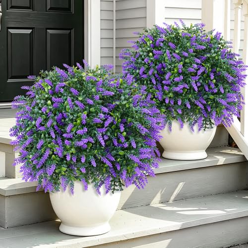 Yangrass Artificial Lavender Topiary Ball Trees with Ground Spike, Set of 2 UV Resistant Artificial Shrubs, Fake Evergreen Artificial Plant Bush for Indoor Outdoor Front Porch Garden - color: Lavender