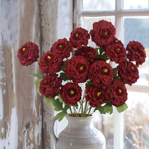 3 Pcs Artificial Flowers Spring Summer Red Zinnia Silk Flowers with Long Stems Zinnia Elegans Artificial Flowers for Outdoors Floral Arrangements Table Centerpieces Wedding Party Home Decor - color: Red