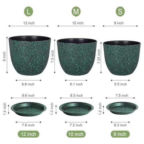WSMKSZ Large Flower Pots 12/10/9 inch, Set of 3 Decorative Plastic Planters with Drainage Holes and Saucers for Garden House Plants, Plant Pots for Indoor Outdoor Plants, Black with Green Speckles - color: Black With Green Speckles, size: 12"+10"+9"