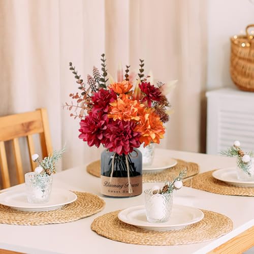 Leftover Fake Fall Flowers in Vase,Faux Flowers in Vase,Fall Floral Arrangement,Fall Centerpieces for Tables,Artificial Flowers,Kitchen Decor,Coffee Table Decor - color: Orange and Red