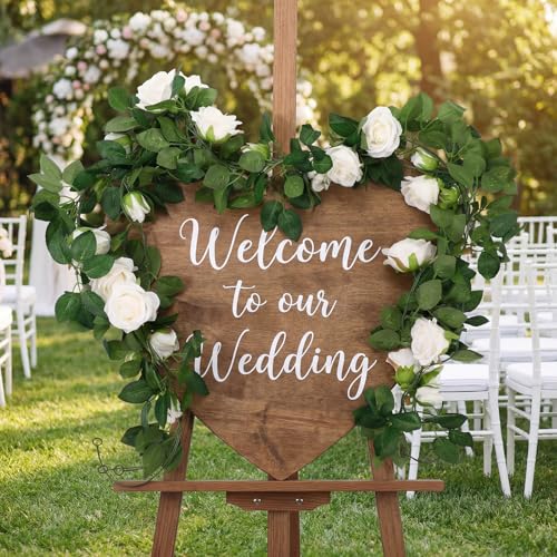 Zeyune 8 Pcs 54ft Artificial White Rose Flower Garland Realistic Silk Fake Flowers Hanging Vine for Wedding Party Arch Table Centerpieces and Wall Decor, Easy to Arrange, Full and Lush - color: White