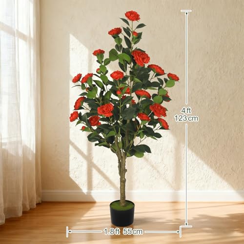 2-Pack 4FT Artificial Camellia Tree,Realistic Fake Potted Plants with Flowers&Planters,Indoor/Outdoor Faux Flowering Trees for Home,Office,Porch,Wedding,and Housewarming Gift Decor,Red - color: Red