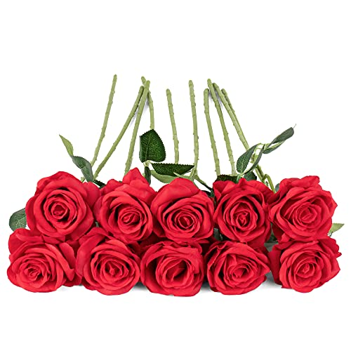 10pcs Red Silk Roses Artificial Rose Flowers Long Stem for DIY Wedding Bouquet Table Centerpiece Home Décor - color: X-red