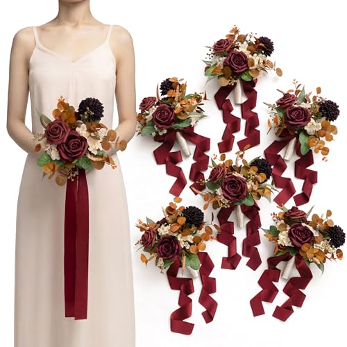 Ling's moment Red Bridesmaid Bouquets Set of 6,Burgundy & Burnt Orange Artificial Wedding Flower Bouquets Floral Bouquet Bridesmaid Bouquets with Ribbon, Ceremony, Anniversary, 7-inch Diameter - color: Rd-burgundy & Burnt Orange