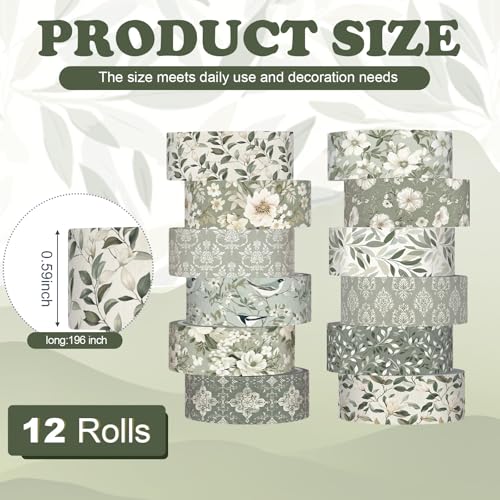 12 Rolls Watercolor Floral Washi Tape Set 15 mm Vintage Flower Decorative Masking Tape for Summer School Arts DIY Craft Scrapbook Journal Supplies Gifts(Sage Green,Greenery) - color: Sage Green, style: Greenery