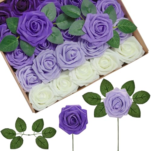 InnoGear Artificial Flowers, 50 Pcs Shades of Purple Foam Fake Roses Bulk with Stems for Decoration Celebration DIY Wedding Bouquets Centerpieces Bridal Shower Party Christmas Tree - color: Shades of Purple