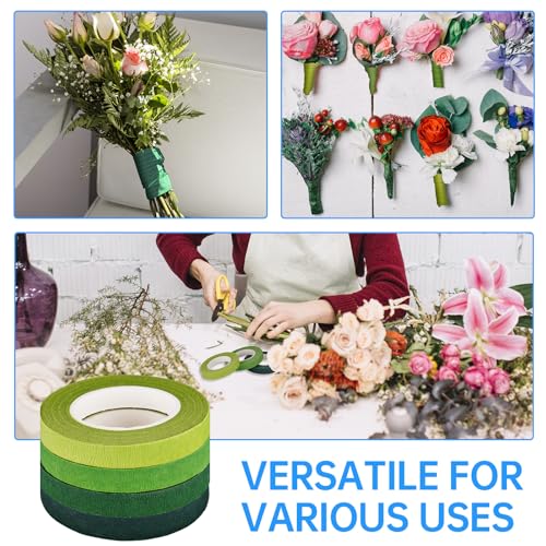 NiHome 9 Rolls 0.5" Wide Crepe Paper Floral Wrapping Tape for Flower Stems, Bouquets, Arrangements, DIY Crafts, Gift Wrapping, Decorations, Floral Designs, 4 Green Shades Variety Pack, 30 Yards Each
