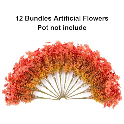 HyeFlora Artificial Fall Flowers Faux Mums for Outdoor Indoor Garden Home Decoration, Faux Flower Daisy with Eucalyptus Leaves Fake Mums Plants Greenery Boxwood Porch Patio, 12 Bundles (F Orange) - color: F Orange
