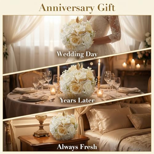 Wedding Bouquets for Bride, White and Champagne Bridal Bouquet | Realistic Silk Rose for Rustic Boho Church Ceremony, Proposal, Thanksgiving, Wedding Decor - color: White and Champagne