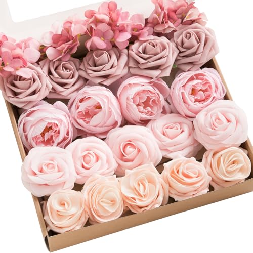 Ling's moment Artificial Flowers Fake Silk Hydrangea Foam Roses Faux Gardenia Combo for DIY Wedding Bouquets Centerpieces Arrangements Bridal Shower Party Home Decorations, Pink & Blush, 24pcs - color: Pk-pink & Blush