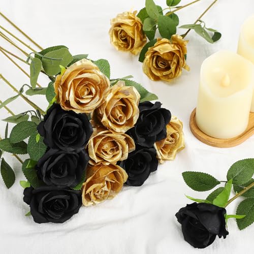 36 Pcs Silk Black Gold Rose Bouquet Bridal Artificial Flowers,Fake Rose Long Stem Realistic Flowers Bulk for Wedding Bouquet Ball Arrangement Centerpiece Party Decor - color: Black, Gold