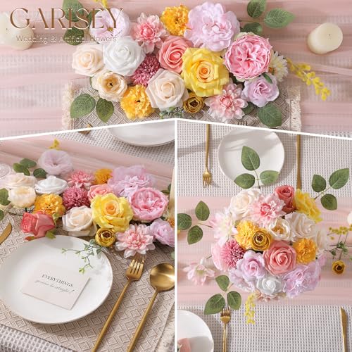Garisey Artificial Flowers Combo, Mix Silk Flowers Roses, Peonies, Dahlias with Stems for DIY Wedding Bridal Bouquet, Baby Shower, Table Centerpieces, Home Decor, Floral Arrangements-Pink Yellow - color: Pink Yellow