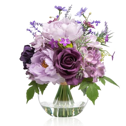 Artificial Flowers in Vase for Home Decor, Fake Lavender & Silk Peony Rose Bouquet Centerpieces in Glass Vase with Fake Water for Party Wedding Dinning Table Office Hotel Decor (Lavender Purple Mixed) - color: Lavender Mixed