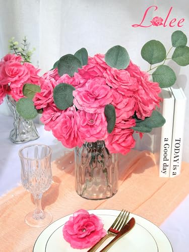 Hot Pink Rose Head Flowers with Long Stem, 108pcs Fuchsia Rose Artificial Flowers Bulk,Silk Rose Fake Flower for Wedding Bouquet Party Home DIY Baby Shower Centerpieces Tables Arrangement Decoration - color: Deep Pink