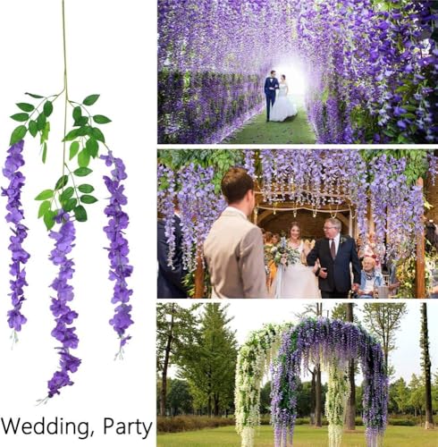 36pcs Artificial Wisteria Flowers 3.6 Feet/Piece Purple Dense Artificial Fake Wisteria Vine Ratta Hanging Garland Silk Flowers String Home Party Wedding Decor（Purple-Dense） - color: Purple, size: 36 PCS