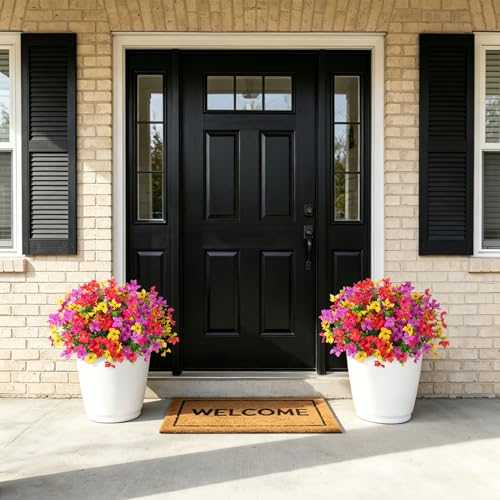 INXUGAO Artificial Faux Plants Flowers Outdoor Spring Summer Decoration, 12 Bundles Fake Silk Colorful Daisy Eucalyptus Realistic UV Resistant for Outside Home Planter Porch Yard Decor (Mix) - color: Purple & Red & Yellow & Lotus Red B
