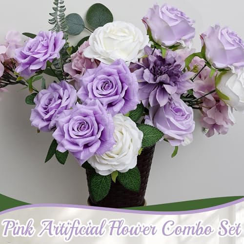 Artificial Flowers Combo, Violet DIY Fake Silk Flowers Set Decor with Stems for Roses Wedding Party Centerpieces Bridal Bouquets Cake Decorations Arrangements Indoor Outdoor - color: Violet