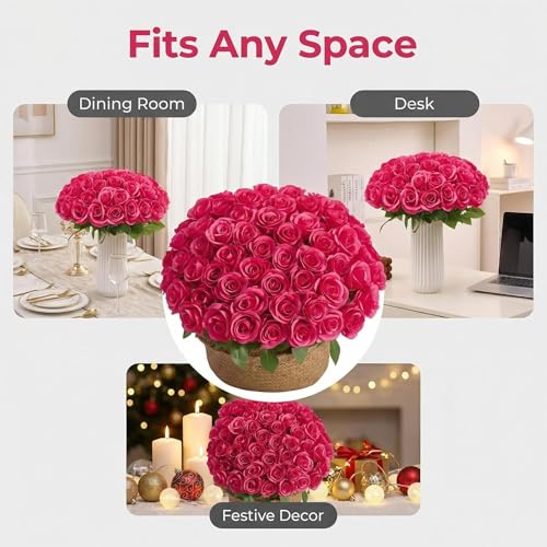 55 Pcs Hot Pink Roses Artificial Flowers Bulk, Artificial Roses Fake Flowers with Adjustable Stems, Soft Foam Roses for DIY Wedding Bouquets, Bridal Shower Centerpieces, Home Party Decor - color: Hotpink