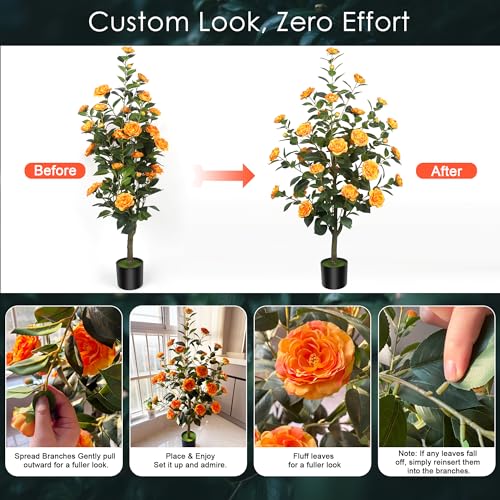 1Pack 47.24"/3.94FT Artificial Camellia Trees with 36 Orange Flowers in Cement Pots – Lifelike Fake Trees for Front Porch, Home, Indoor Outdoor Spring Decor, Office or Housewarming Gifts - color: Orange, size: 3ft 11in