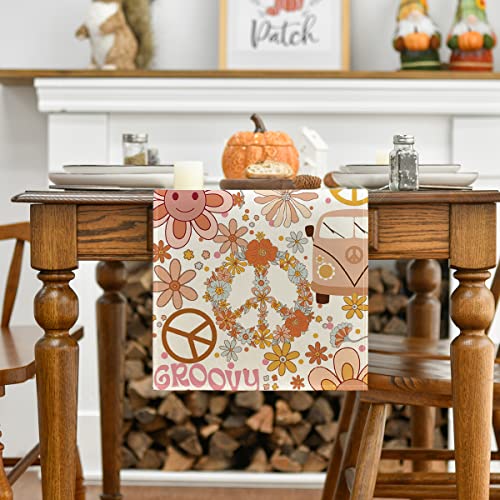 Artoid Mode Daisy Flower Peace and Love Table Runner, Wreath Float Groovy Kitchen Dining Table Decoration for Outdoor Home Party 13x72 Inch