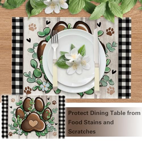 Cat Dog Paw Prints Placemats Set of 4, Eucalyptus Leaves Buffalo Plaid Dining Place Mats Table Decor, Farmhouse Flower Home Kitchen Decoration Pet Owner Lover Gifts 12''x18'' - color: Paw, size: Placemats 12''X18''