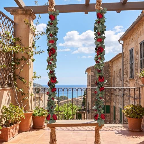 2 Pack Burgundy Artificial Flower Garland 6.2ft/Piece Vintage Eucalyptus Rose Garland with Fake Peonies Silk Fake Floral Vines for Wedding Arch Home Table Mantle Party Backdrop Decor (Burgundy) - color: Burgundy