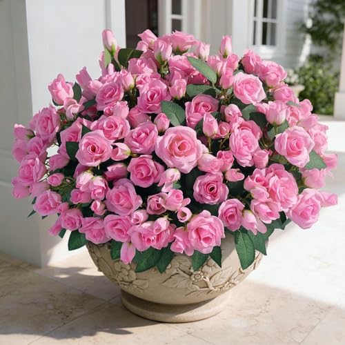 Juxdp 8 Bundles Artificial Roses, Realistic Silk Bouquet Flower(Pink) | Fluffy and Vivid, Fade-resistant, Faux Rose Plants, for Front Door/Garden/Farmhouse/Home/Outdoor/Spring/Summer Decor - color: Pink