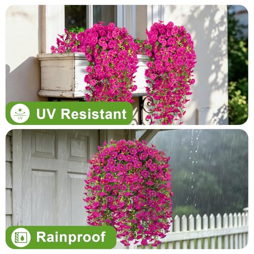 Artificial Hanging Flowers for Outdoor, 4Pcs UV Resistant Faux Morning Glory Flower Spring Summer Decroation, No Fade Fake Flower Trailing Vine for Porch Patio Balcony Yard Garden (Light Purple) - color: Lotus