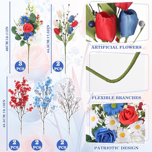 4th of July Artificial Flower Bouquet, 11 Stems Red White and Blue Faux Flowers with Roses Tulips and Baby's Breath, Patriotic Table Centerpiece for Home Vase Decor