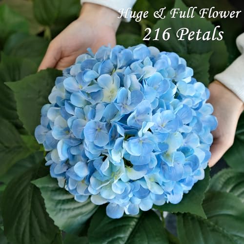JINWOE Blue Flowers Hydrangea Artificial Flowers, 4Pcs 22" Large Lifelike Silk Artificial Hydrangeas, Full Fake Flowers for Bouquet Table Centerpieces Outdoor Wedding Indoor Home - color: Blue