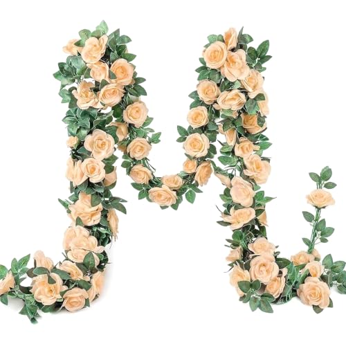YRIOWMI 10PCS Fake Rose Garland, 7.5Ft Artificial Vines Flowers Hanging Rose Vine forfor Table Wedding Backdrop Arch Wall Party Mantle Festival Decor (Champagne) - color: Champagne