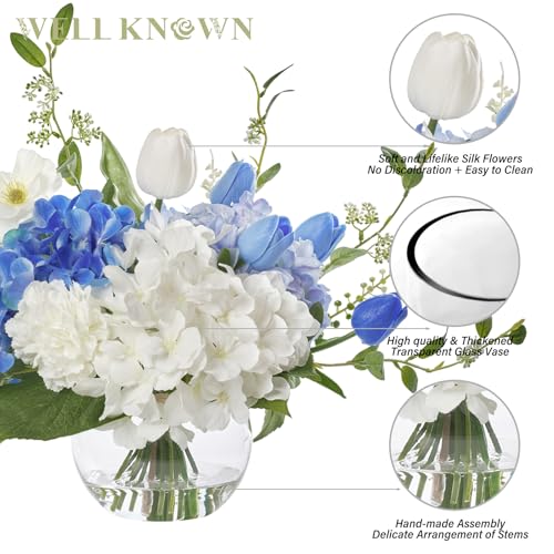 WELL KNOWN Artificial Flowers with Vase, Silk Hydrangea Bouquet and Peonies in Vase with Faux Water for Home Decor, Fake Tulips Flower Arrangements for Birthday Wedding Party Table Centerpieces (Blue) - color: Blue & White Mixed