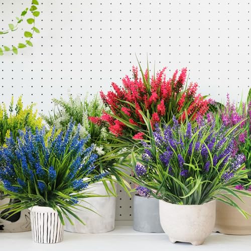 Artificial Flowers for Outdoors, 24 Bundles 6 Colors Fake Lavender Flowers Monkey Grass, Faux Plants Shrubs, UV Resistant Artificial Plants for Outdoor Garden, Window Box, Patio, Wedding Decorations