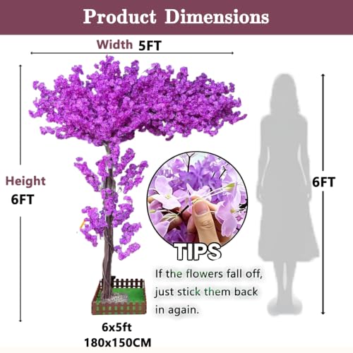 Purple Artificial Cherry Blossom Trees 6ft Tall for Indoor Outdoor Home Decor Living Room,Fake Faux Large Cherry Blossom Trees for Wedding Party Office Shopping Mall Restaurant Graden Living Room - color: Purple, size: 5ft 11in