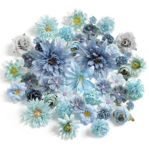 Artificial Flowers Heads Combo Blue Flowers Mix Silk Flowers Heads Bulk Faux Rose for Craft Garland Graduation Cap Wedding Bridal Baby Shower Home Party Decoration DIY Cake Decor - color: Blue