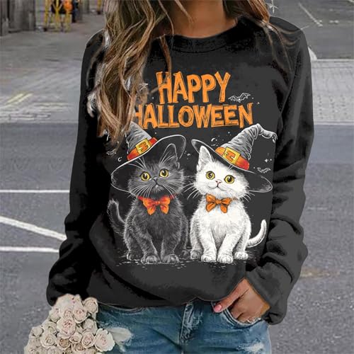 MARSVOVO Long Sleeve Halloween Shirts For Women Novelty Halloween Print Crew Neck Casual Fall Sweatshirt For Women - color: Black White, size: Medium