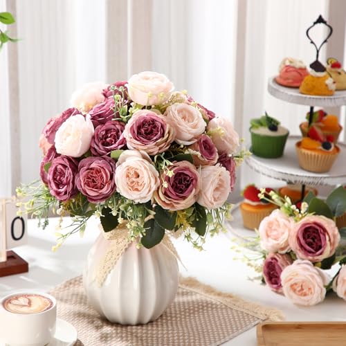 Geosar 8 Bundles Artificial Peonies Flowers Fake Silk Peony Bouquet Faux Peonies Flowers Bulk for Decoration Vase Floral Arrangements Wedding Party Table (Dusty Pink,Dusty Rose) - color: Dusty Pink, Dusty Rose