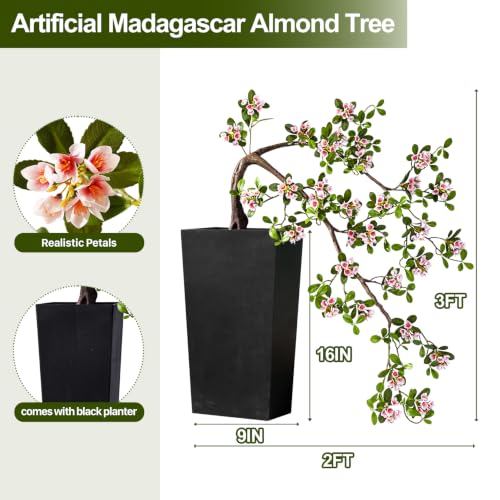 Large Artificial Bonsai Tree Artificial Flowering Tree Indoor Faux Decorative Plant for Living Room Home Office Décor Lifelike Branching & Natural Leaf Color Tree Madagascar Almond Style (Pink) - color: Pink