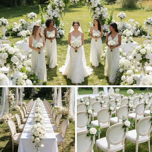 12Pcs Realistic Fake Roses Faux Flowers with Long Stems, Artificial Silk Rose Flowers for Valentines Day Home Wedding Decor Bridal Bouquet (White) - color: White