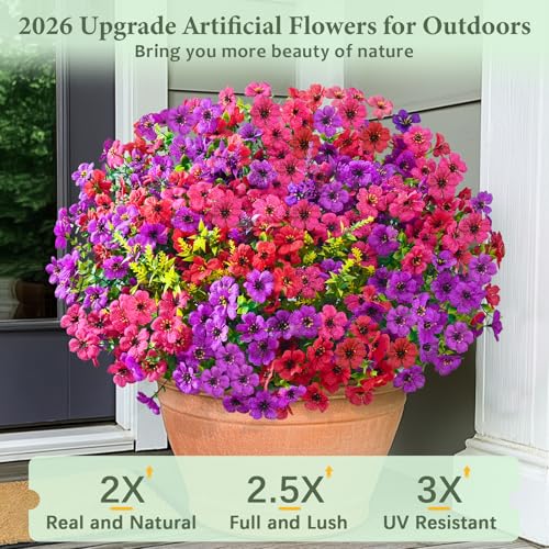 Artificial Flowers for Outdoors, 34 Bundles UV Resistant Fake Outdoor Flowers, Realistic Faux Outdoor Flowers for Decoration, Outside Fake Plants for Porch Garden Decor, Mixed Rose Red Purple - color: Mixed Purple, size: 34 Pack