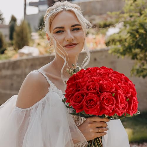 Veryhome Artificial Flowers Silk Roses Fake Bridal Wedding Bouquet for Home Garden Party Floral Decor 10 Pcs (Red Curved stem) - color: Blooming Rose - Red