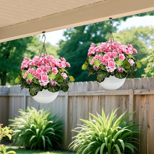 2 Sets Artificial Hanging Baskets Flowers for Outdoors, Already Assembly Silk Flower with Hanging Baskets UV Resistant Realistic for Spring Summer Garden Porch Yard Patio Outside Decor, Pink - color: Pink