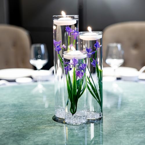 Floating Flower for Table Centerpiece Artificial Purple Orchid Glass Cylinder Vase Set with Floating Candles Fake Ice Cubes for Wedding Party Home Bar Restaurant Festival Decoration - color: Purple 2