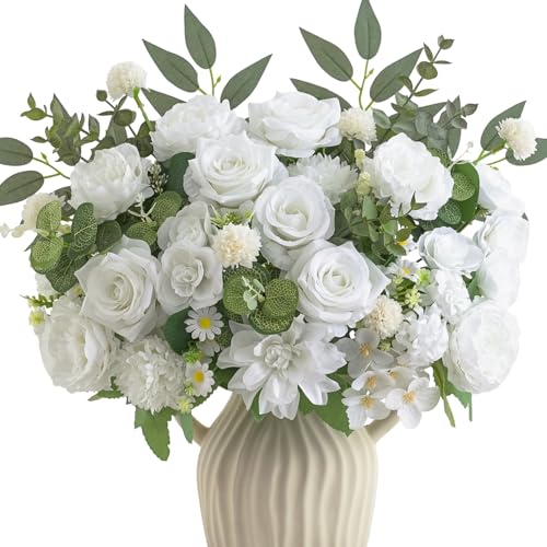 10 Pcs Mixed Artificial Flowers Set, Artificial Peony Bouquet Fake Rose Flower Silk Floral Arrangements for Table Centerpiece Home Wedding Party Bridal Vase Decoration(White, 6 Bouquets & 4 Stems) - color: White, size: Mixed 10pcs