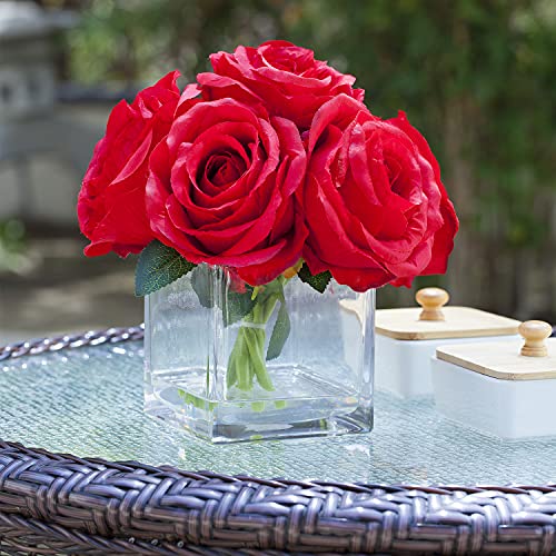 Enova Floral 7 Large Stems Artificial Silk Roses Fake Flowers Arrangement in Cube Glass Vase with Faux Water for Home Office Wedding Decoration (Red) - color: Red