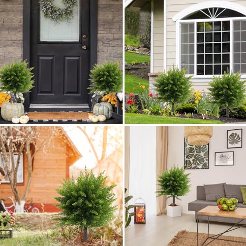 23.6" Artificial Cypress Topiary Tree with Ground Spike, Set of 2 Faux Cedar Bushes, Fake Evergreen Tree for Porch, Artificial Shrub Bushes Outdoor Indoor